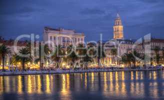 Riva waterfront, houses and Cathedral of Saint Domnius, Dujam, Duje, bell tower Old town by night, Split, Croatia, HDR