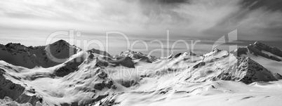 Black and white panorama Caucasus Mountains in snow winter