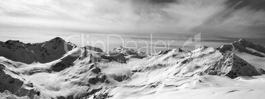 Black and white panorama Caucasus Mountains in snow winter