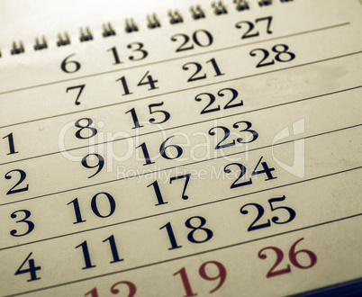 Vintage looking Calendar page with selective focus