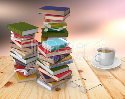 The piles of books and notebooks on a wooden table.