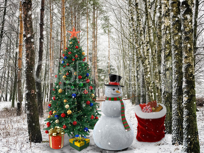 Snowman in the woods near the festive Christmas tree.