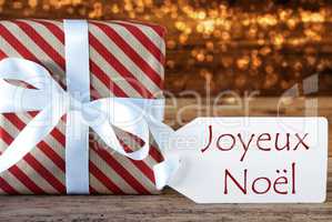 Atmospheric Gift With Label, Joyeux Noel Means Merry Christmas
