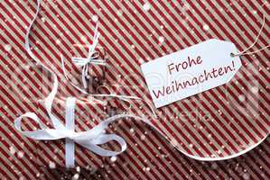 Gifts With Label, Snowflakes, Frohe Weihnachten Means Merry Christmas