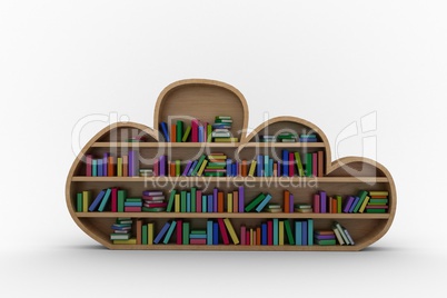 Various colourful books arranged on wooden shelves