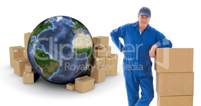 Composite image of happy delivery man leaning on pile of cardboard boxes