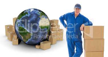 Composite image of happy delivery man leaning on pile of cardboard boxes