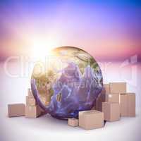 Composite image of globe amidst cardboard over white background