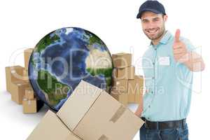 Composite image of delivery man with cardboard boxes gesturing thumbs up
