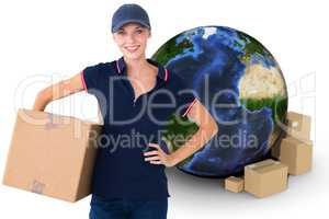 Composite image of happy delivery woman holding cardboard box