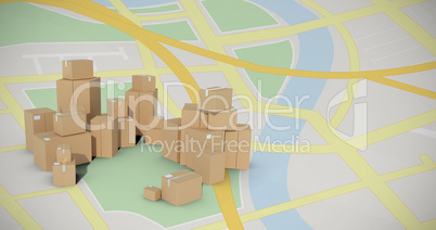 Composite image of stack of cardboard box on white background
