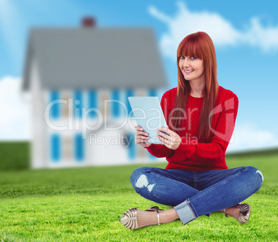 Composite image of smiling hipster woman sitting on the floor