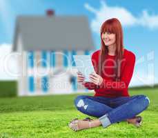Composite image of smiling hipster woman sitting on the floor