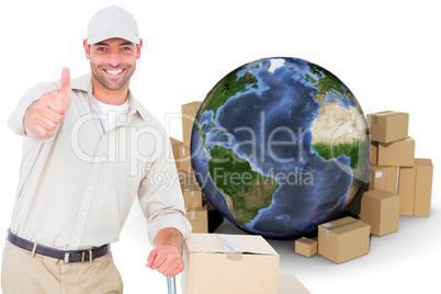 Composite image of delivery man gesturing thumbs up on white background