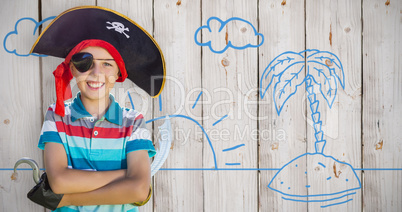 Composite image of portrait of boy pretending to be a pirate