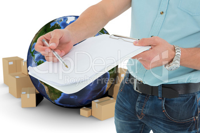Composite image of delivery man with clipboard asking for signature