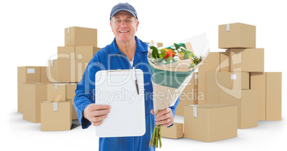 Composite image of happy flower delivery man showing clipboard