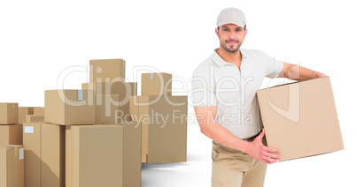 Composite image of delivery man with cardboard box