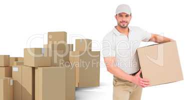 Composite image of delivery man with cardboard box