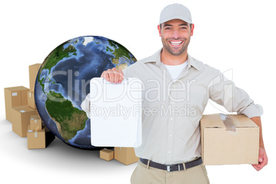 Composite image of delivery man with cardboard box showing clipboard