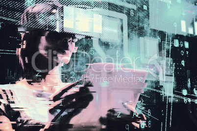 Composite image of businesswoman holding virtual glasses and tablet computer