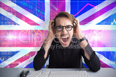 Composite image of businessman yelling with his hands on face