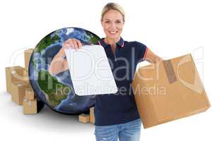 Composite image of happy delivery woman holding cardboard box and clipboard