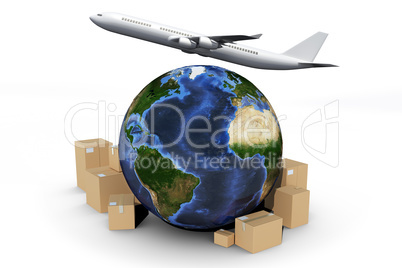 Composite image of globe and cardboard boxes