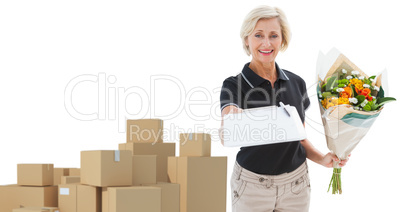 Composite image of happy flower delivery woman looking for signature