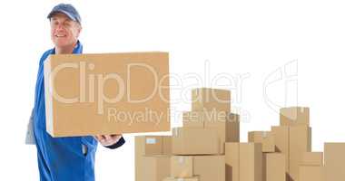 Composite image of happy delivery man showing cardboard box