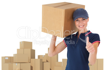 Composite image of happy delivery woman holding cardboard box showing thumbs up