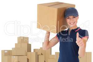 Composite image of happy delivery woman holding cardboard box showing thumbs up