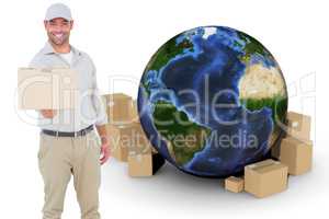 Composite image of delivery man giving package on white background