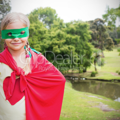 Composite image of portrait of cute girl in red cape