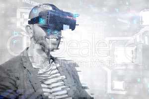 Composite image of man wearing virtual simulator headset