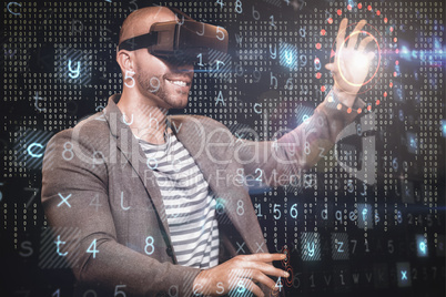 Composite image of businessman holding virtual glasses on a white background