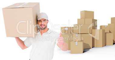 Composite image of delivery man with cardboard box gesturing thumbs up