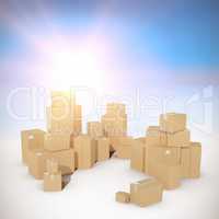Composite image of stack of cardboard box on white background