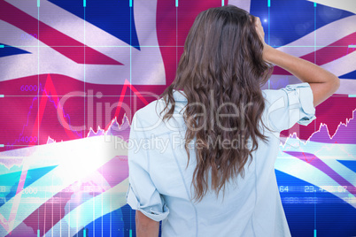 Composite image of rear view of woman with hand in hair