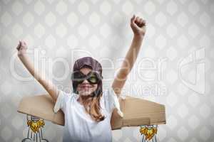 Composite image of happy girl standing with hands in the air