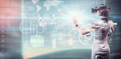 Composite image of rear view of businesswoman holding virtual glasses on a white background