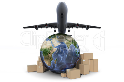 Composite image of globe surrounded by cardboard boxes