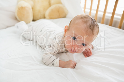 Baby lying on baby bed