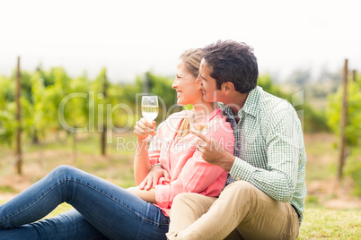 Happy couple holding glasses of wine and looking at nature