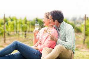 Happy couple holding glasses of wine and looking at nature