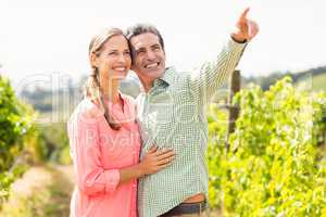 Couple standing in vineyard and pointing at nature