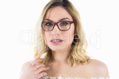 Portrait of beautiful woman with spectacles against white background