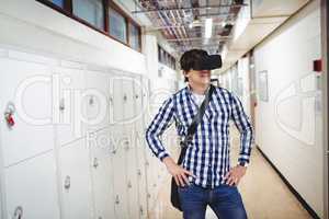Student using virtual reality headset in locker room