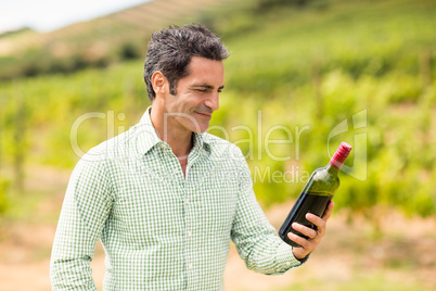 Smiling vintner looking at bottle of wine