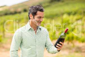 Smiling vintner looking at bottle of wine